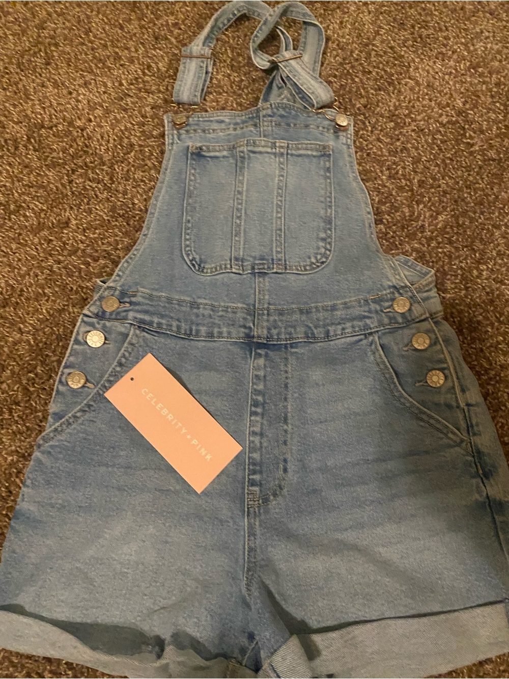 Celebrity Pink Light Wash Denim Short Overalls